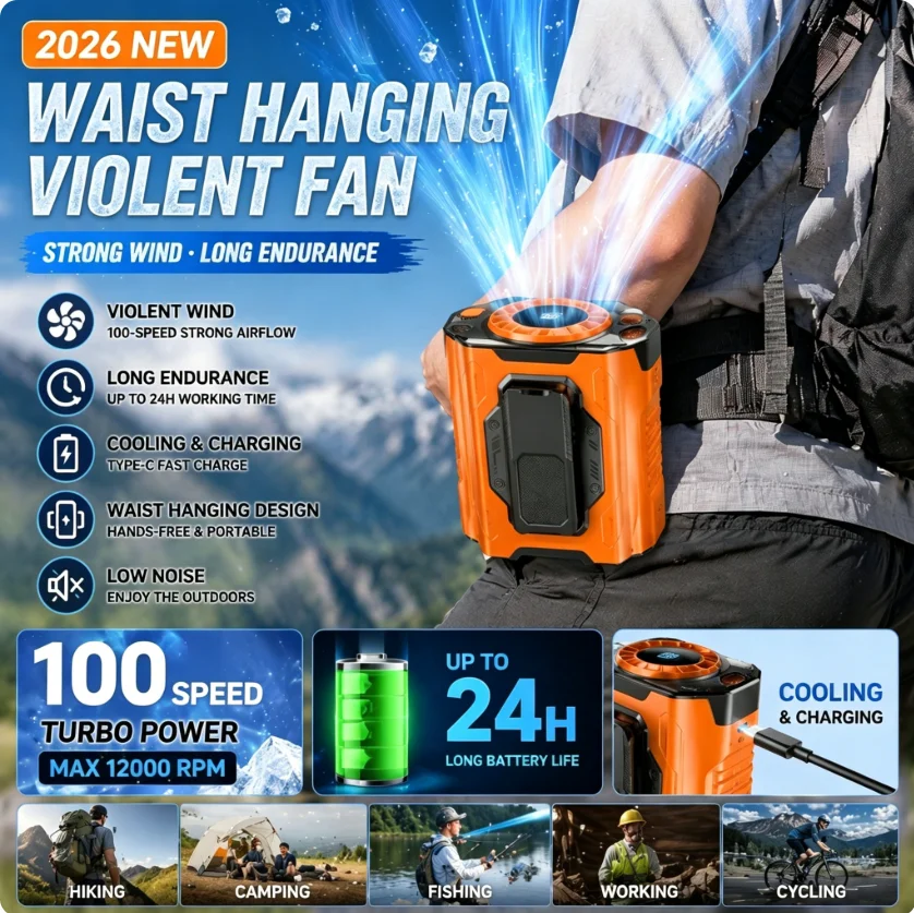 Nouveau ventilateur portable 2026 à accrocher à la taille, pour camping extérieur, puissant, longue autonomie, refroidissement et recharge