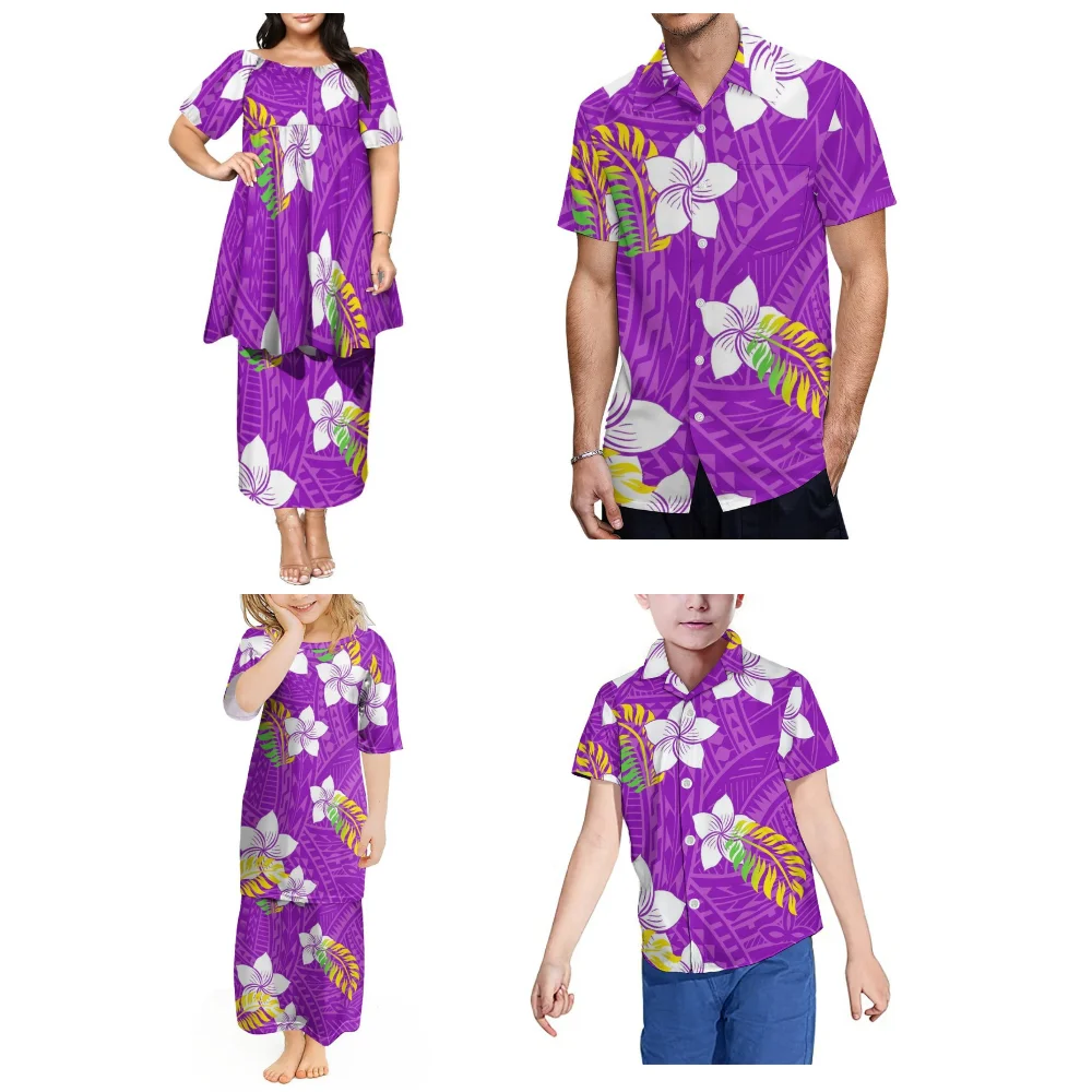 Ensemble polynésien pour enfants et adultes, jupe Double couche Puletasi à manches mi-longues pour femmes et garçons, chemise personnalisée