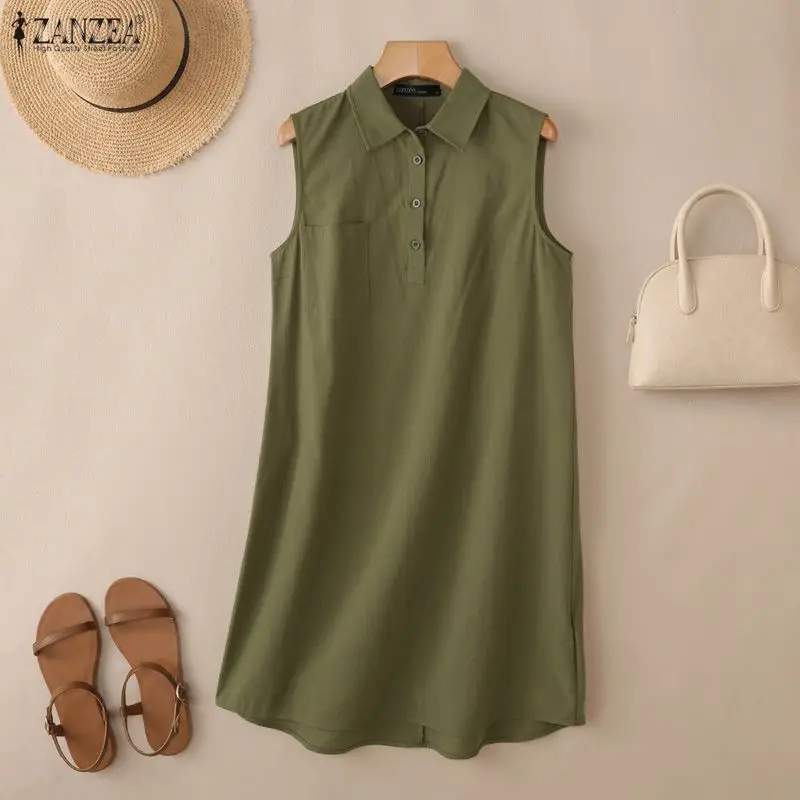 ZANZEA Stylish Summer Sundress Women Sleeveless Cotton Shirt Dress Casual Lapel Neck Buttons -Up Work Dresses Solid Short Dress