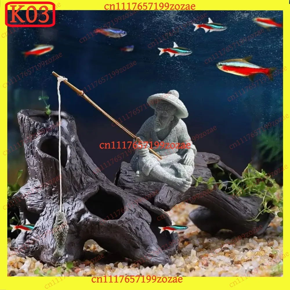 k03 Mini Fisherman Statue Asian Zen Sitting Fishing Figurine Sandstone Ornament for Aquarium Fish Tank Garden, Replacement Parts