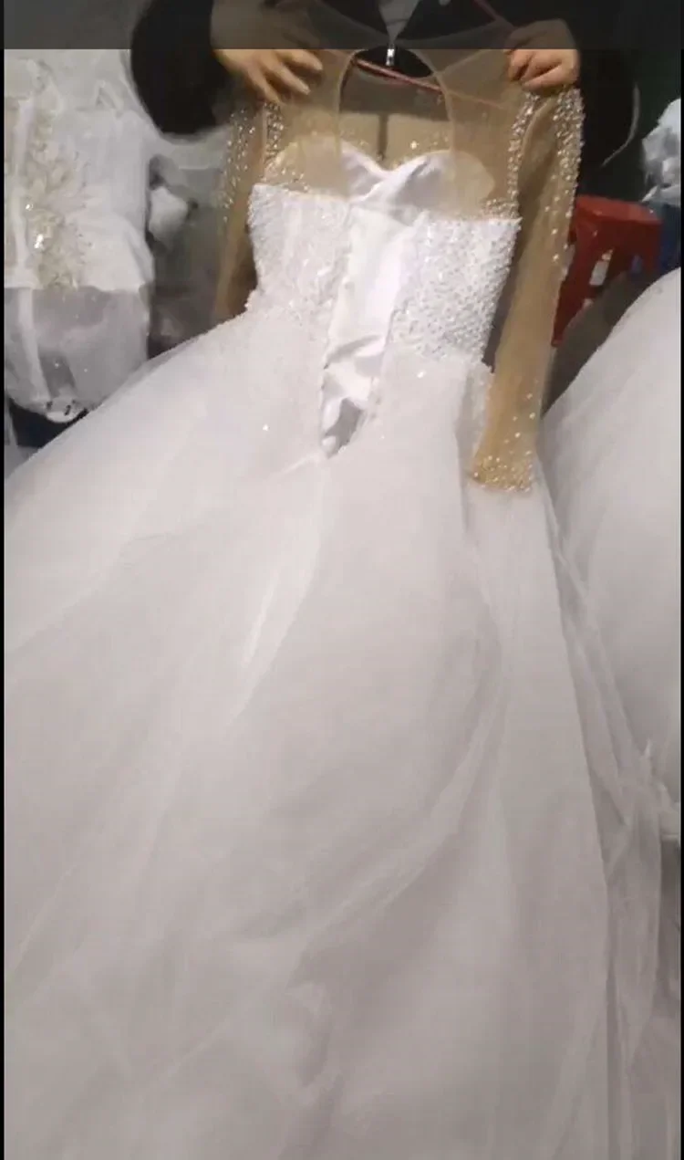 Personalizado brilhante completo pérolas vestido de casamento tribunal trem mangas compridas vestido de baile inchado igreja plus size vestido de noiva