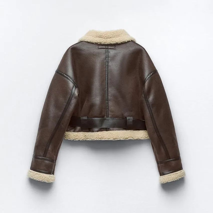 2024 Autumn Winter Women\'s Integration Jacket Streetwear Motorcycle Coat Fashion Turn-Down Collar Double Sided Lamb Fur Parka