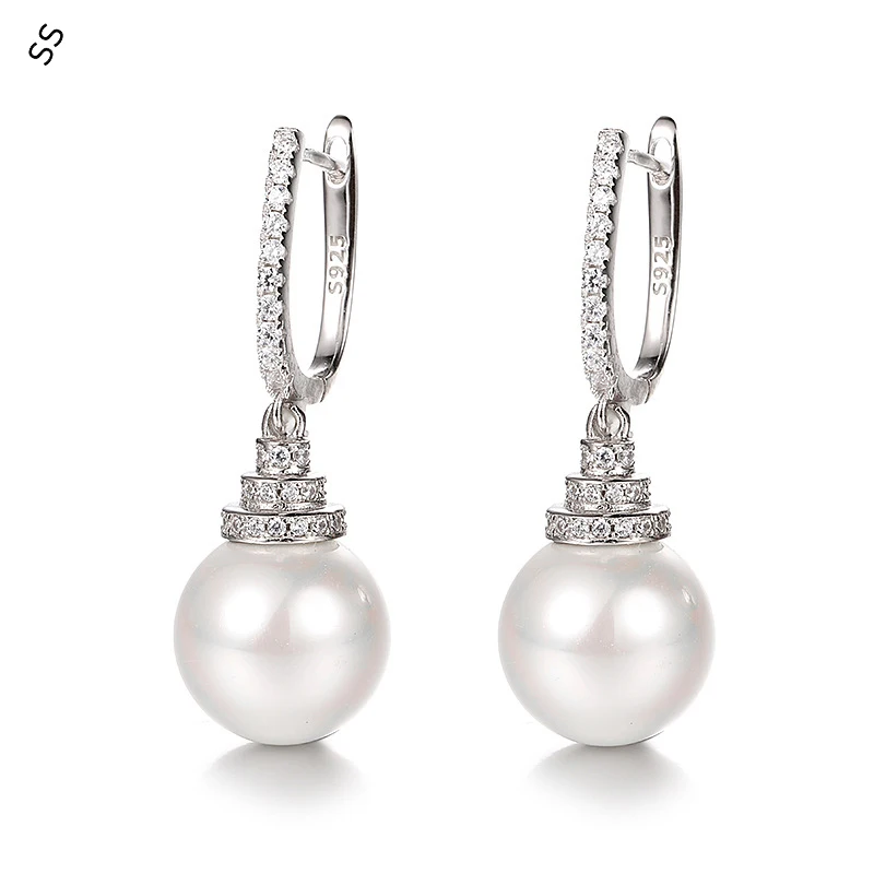 

925 Sterling Silver Pearl Ear Hanging with Diamond Earrings Simple Fashion Design Personality Temperament Female Ear-pendant