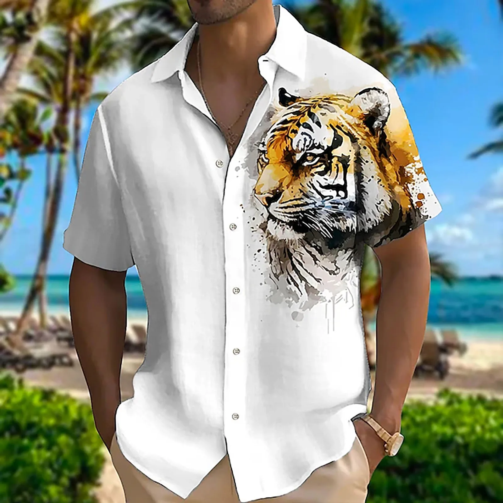 Koszula męska Animal Tiger Graphic Prints Turndown Light Yellow Black White Social dress shirt Geometric Vintage Handsome Men