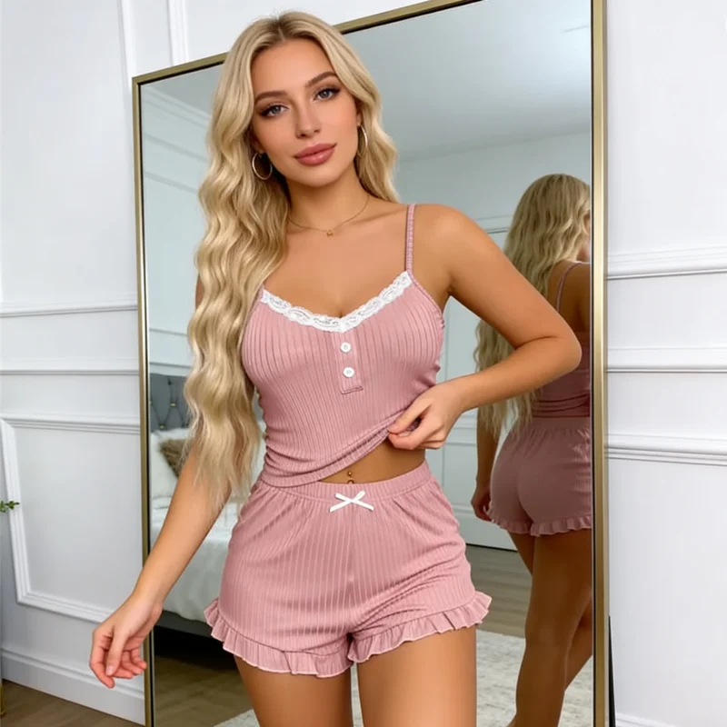 

Women Sexy Lace Trim Pajamas Set Camisole Shorts Summer Soft Pyjamas for Women's Sleepwear Home Wear Two-piece Set Loungewear