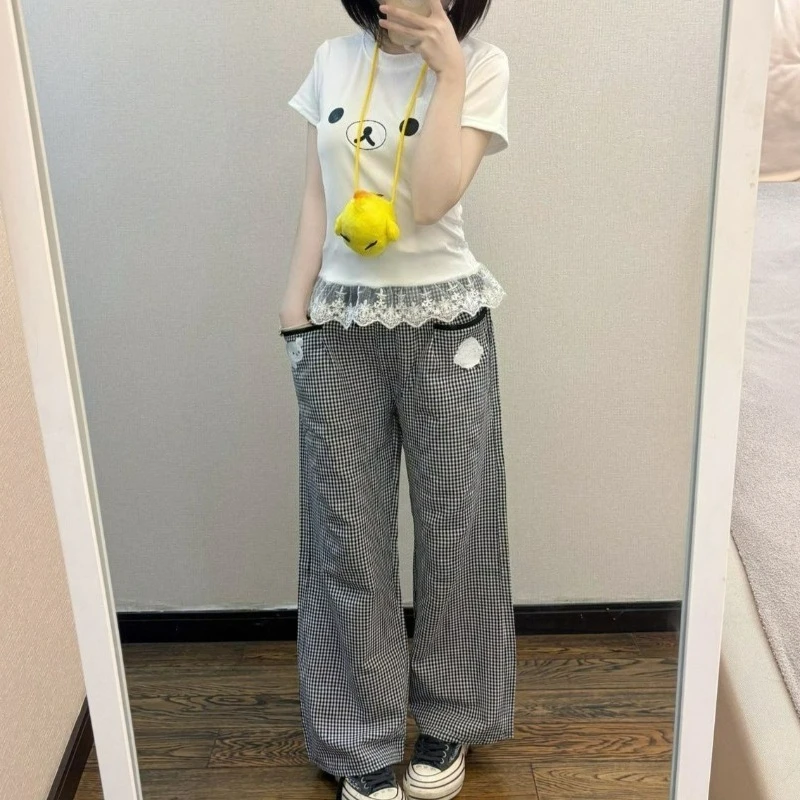 Japanese Vintage Sweets 2 Piece Sets Women Cute Lace Patchwork Short Sleeves Tops Kawaii Embroidery Plaid Pants Fashion Outfits