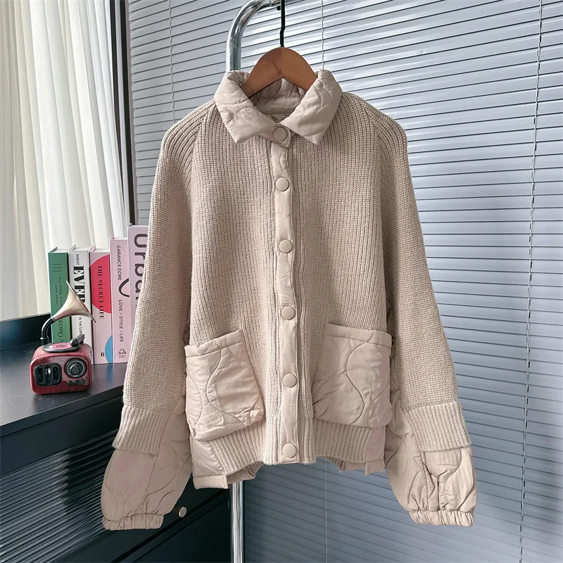 [EWQ] Casual Long Sleeve Spliced Cotton Pockets Knitted Cardigan Solid Loose Design Sweater Coats Women 2024 Autumn New 16O1477