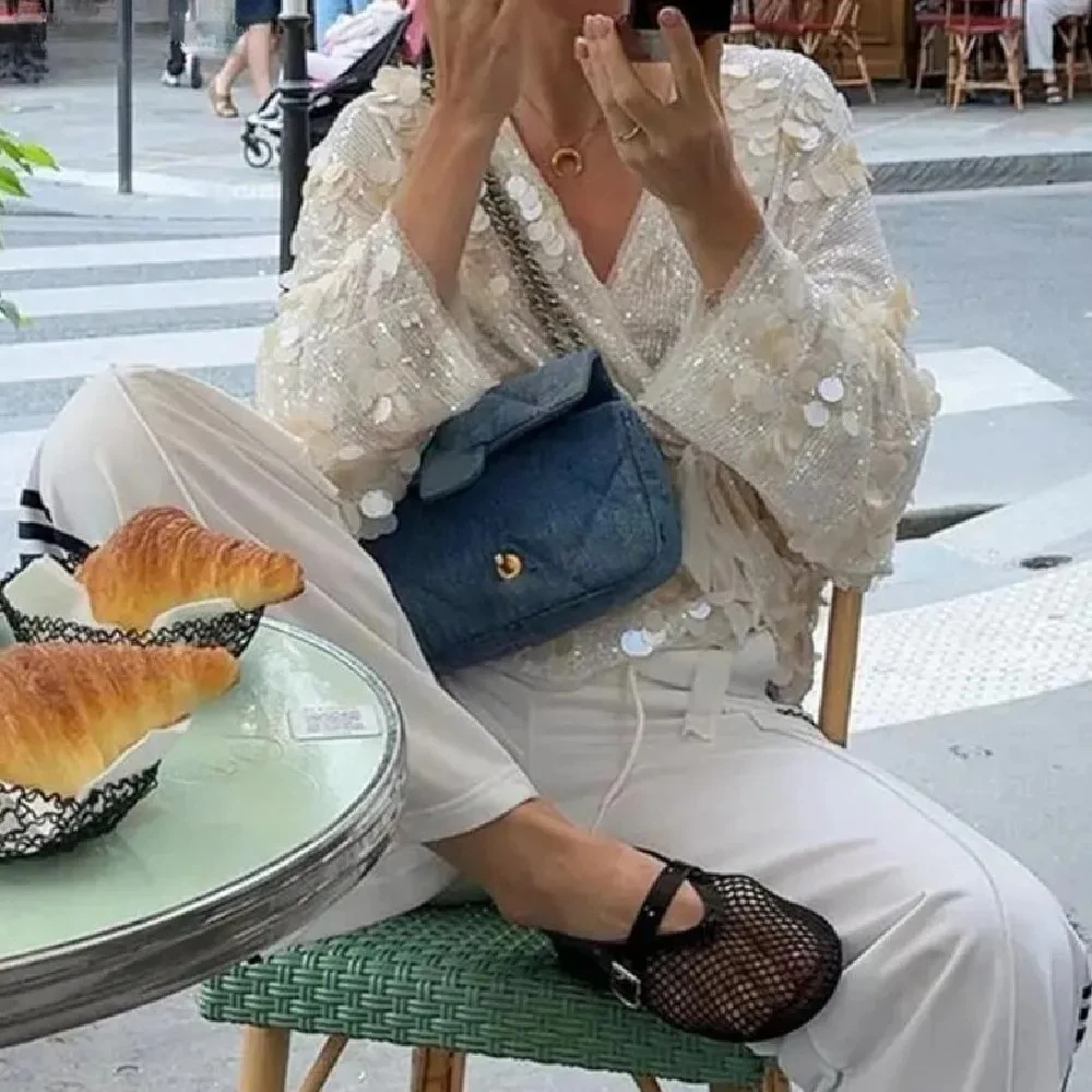 

2025 Autumn Women Beading Bright Sequin Kimono Jacket Coat Long Sleeve V Neck Casual Loose Outerwear Chic Lady Bow Wrap Outfits