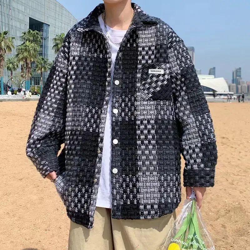 

Японская мужская твидовая куртка в стиле кэжуал для весны и осени: модный дизайн, свободный крой, длинный рукав