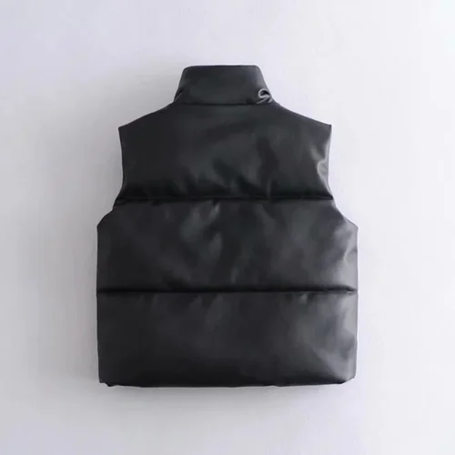 Imagen 2 del producto Otoño Invierno abrigo de cuero PU mujeres negro chalecos con cuello levantado mujeres moda cremallera elegante chalecos cortos Mujer señoras