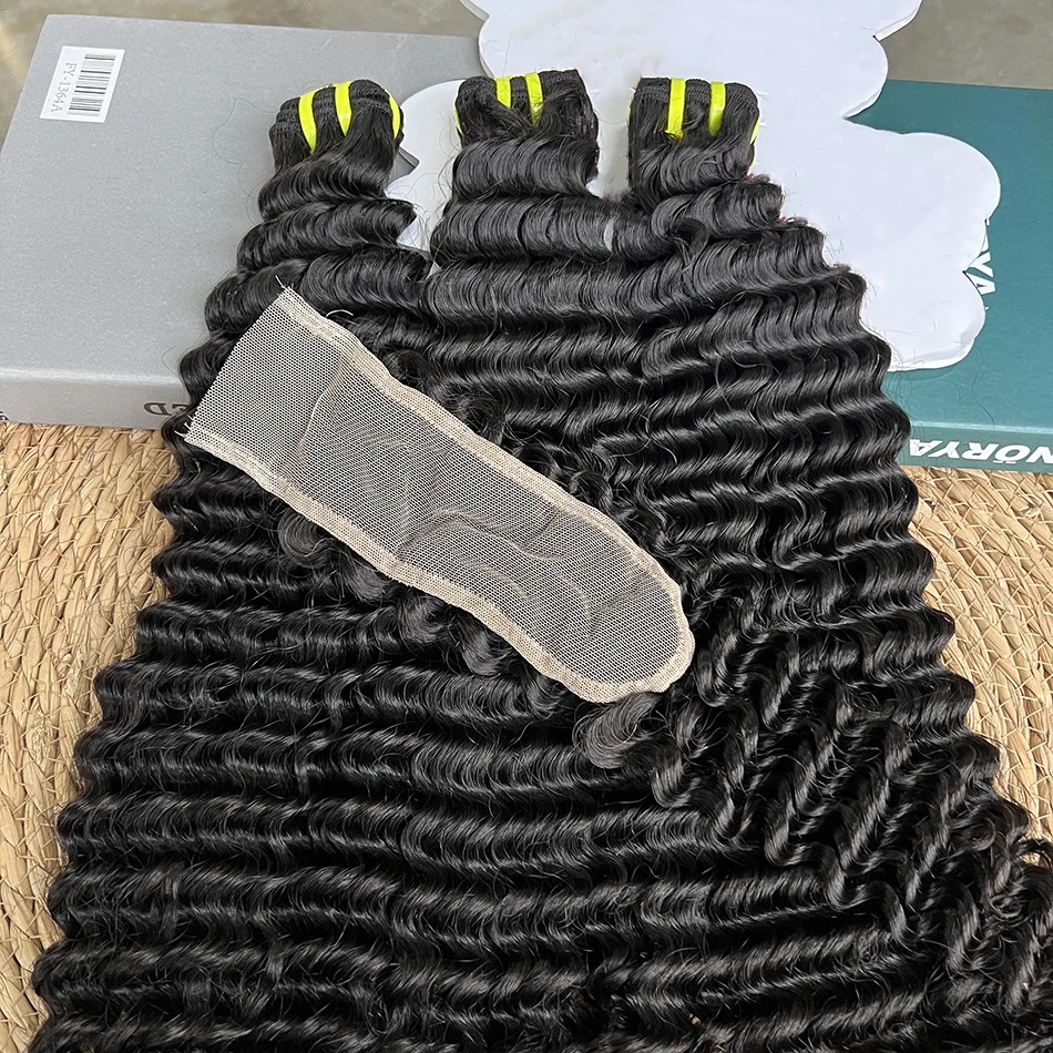 

Deep Curly Double Drawn Bundles 100% Raw Human Hair With 2x6 Transparent Lace Closure Bleached Knots Hair Weave Extensions