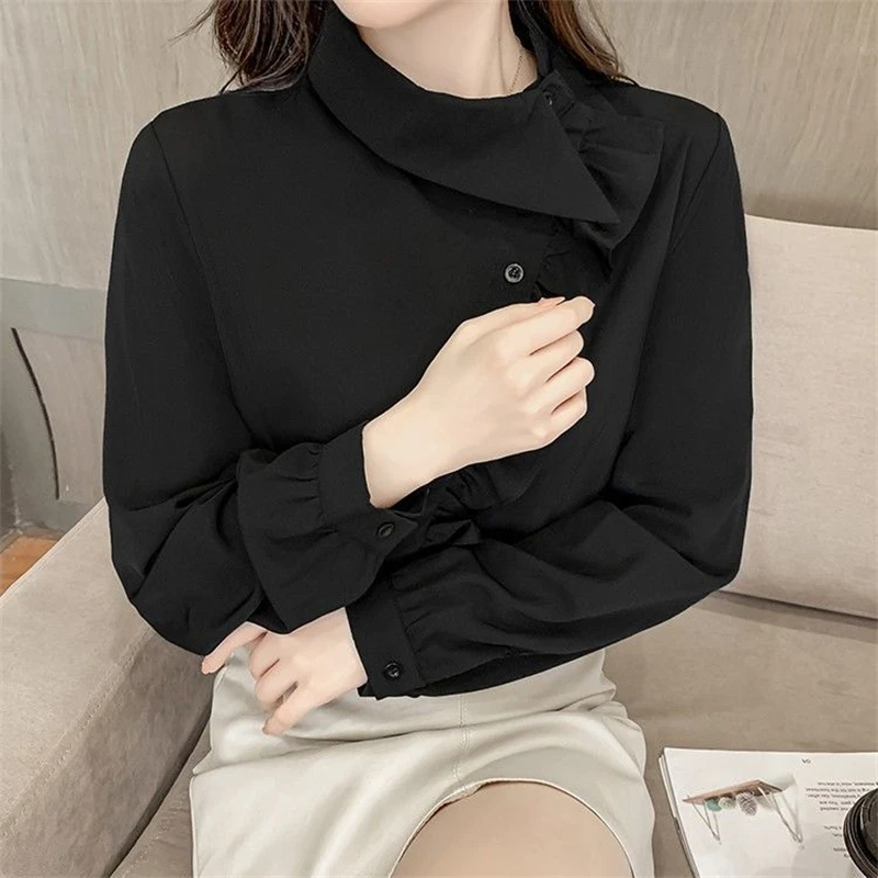 Women Trendy Ruffles Asymmetrical Design Button Up Shirt Spring Autumn Casual Long Sleeve Blouse Solid Chic Slim Tops Y2K Blusas