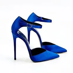 Royal Blue Lavender Hot Pink Black Silk Pointed Toe Cuts Out Ankle Buckle Strap Hollow Stiletto Heels Summer Sandals Party Shoes