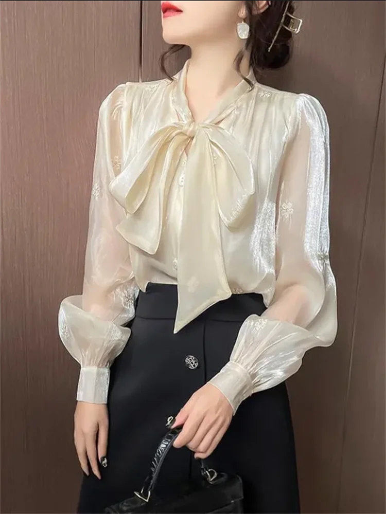 Bow Women\'s Blouses Thin Shirts Transparent Shirt Vneck Cardigan Ladies Blous Embroidery Top Grace Office Ladies Blouse