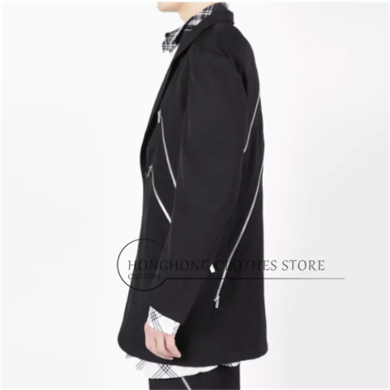 Black casual plus-size jacket original design diagonal zipper decorative structure suit