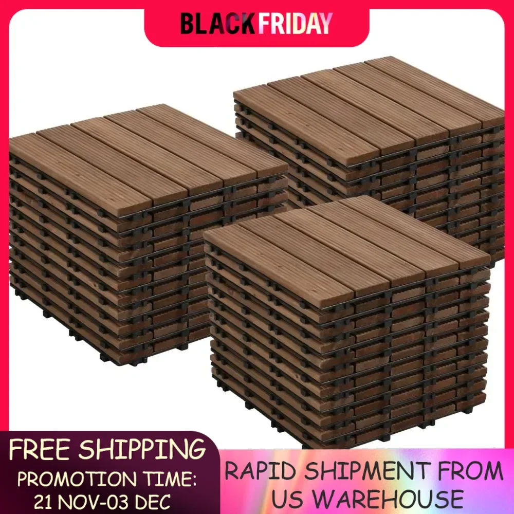 33pcs Interlocking Patio Deck Tiles 12 x 12in Wood Floor Tiles Wooden Flooring for Patio Garden Deck Poolside, Brown