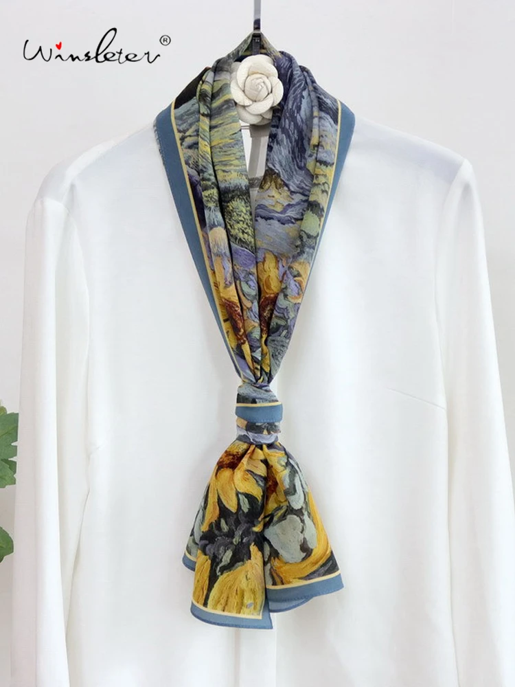 

Шарф Winsleter-Women из 100% натурального шелка двойного крепового плетения, элегантный, 140*35 см, с рисунком в стиле масляной живописи, тонкий длинный шарф в подарок маме, весна 2026, A63617CC