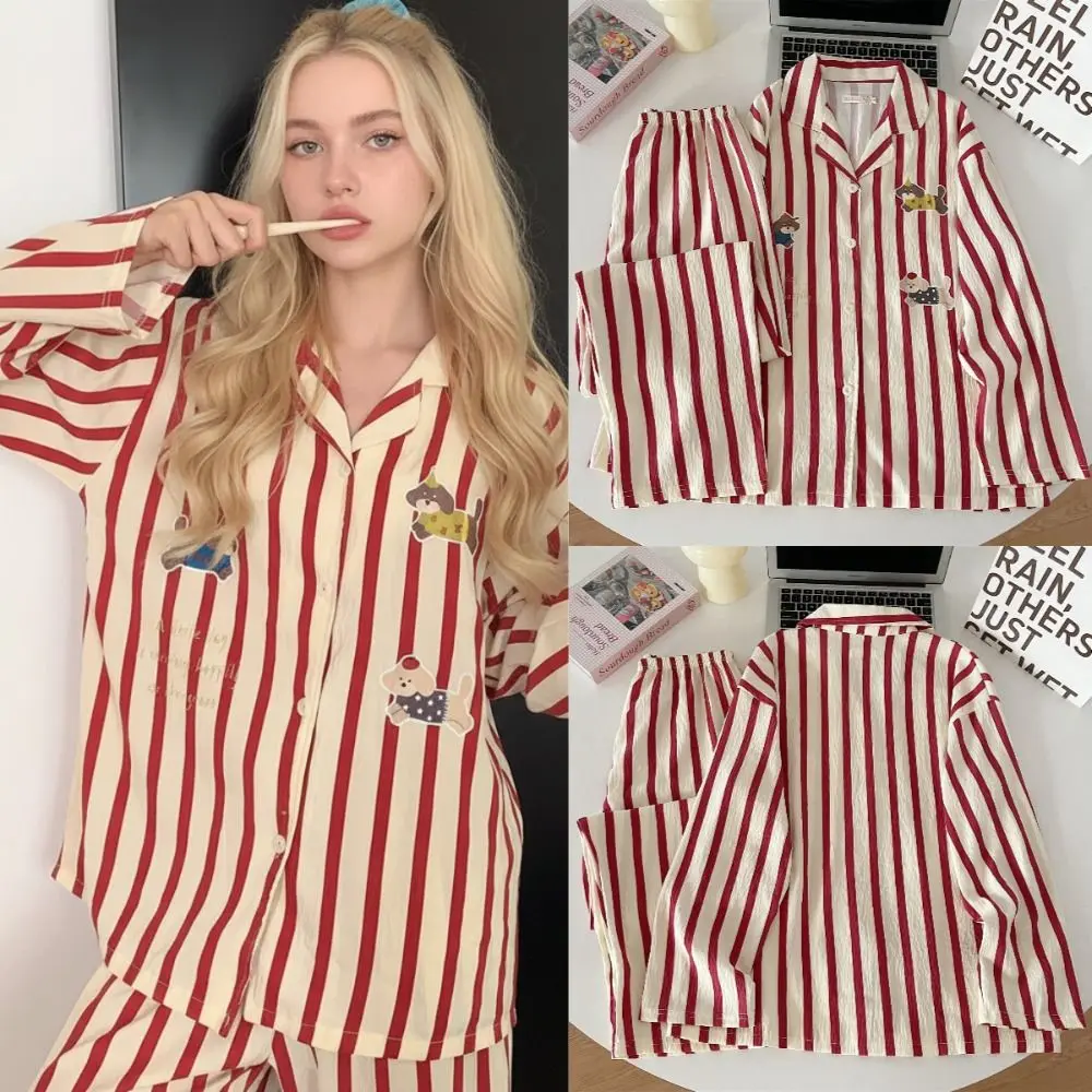 

Женский пижамный комплект с полосатым воротником, хлопковый комплект с облаком в корейском стиле, женский комплект одежды для сна, четыре сезона, одежда для дома с длинными рукавами и принтом собаки