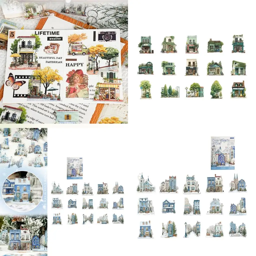  Townscape Scene Sticker Miniature Scenery PET Sticker For Scrapbooking Journal Notebook Memory Book Laptop Phone Case