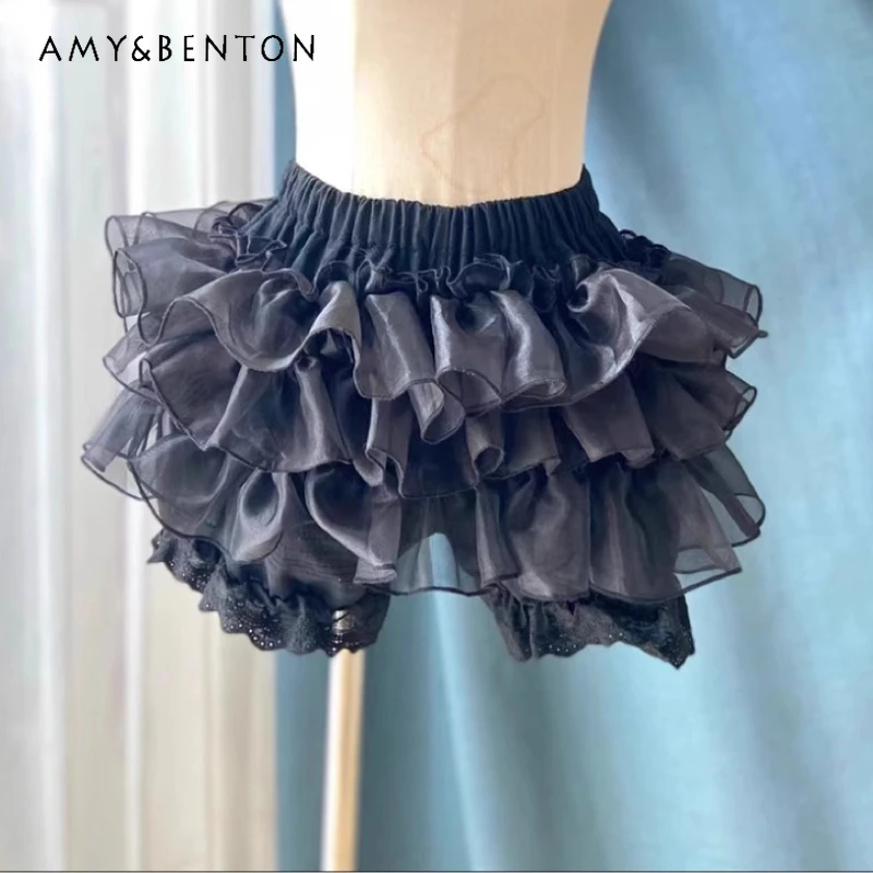 

2025 Summer New Black Women's Cake Pumpkin Pants Punk Style White Tutu Skirt Support Lolita Fungus Lace Sweet Mini Skirt Ladies
