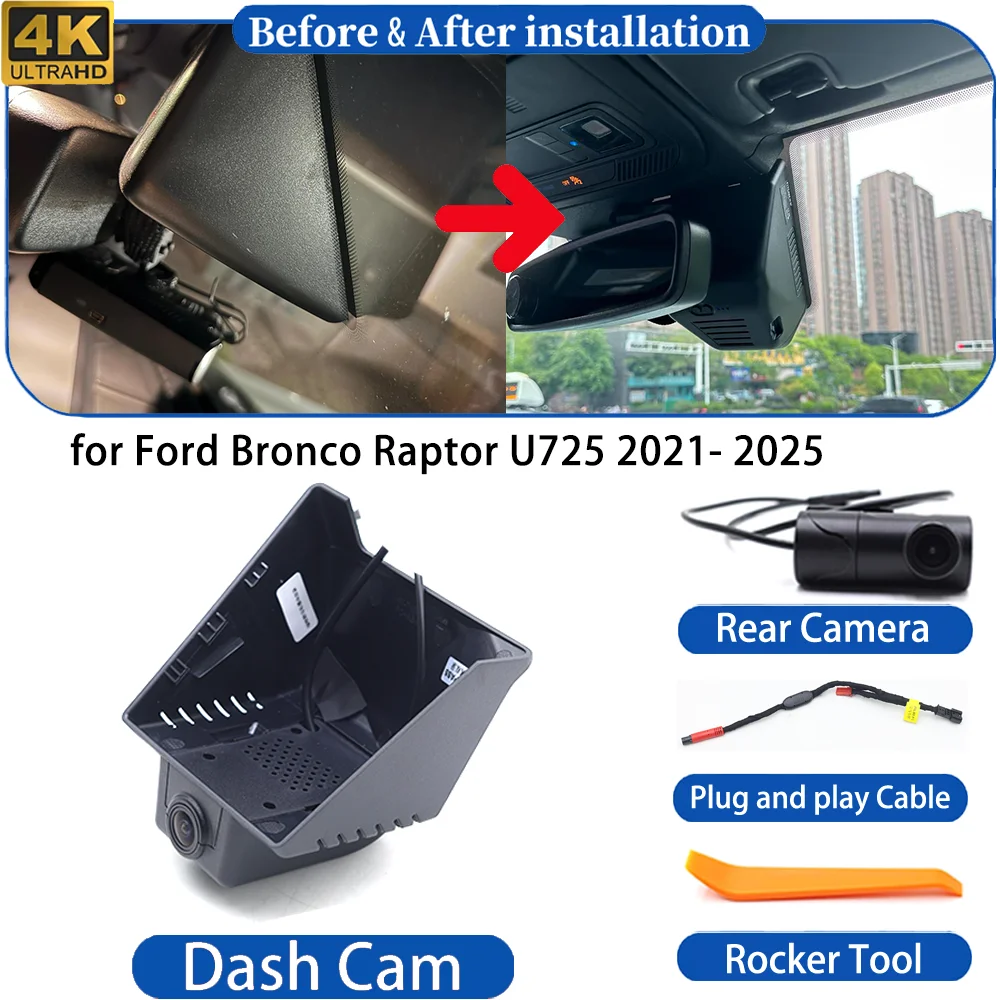 Dash Cam for Ford Bronco Raptor U725 2021-2025 7th Gen 4K DVR Wifi Camera Video Recorder Driving Recorder Dashboard Night Vision