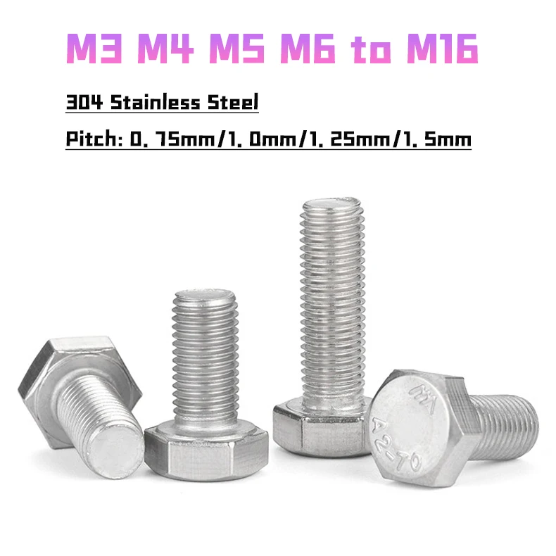304 Stainless Steel Hexagon Head Bolt Fine Thread External Outside Hex Full Thread Screw Bolt Pitch 0.75mm/1.0mm/1.25mm/1.5mm