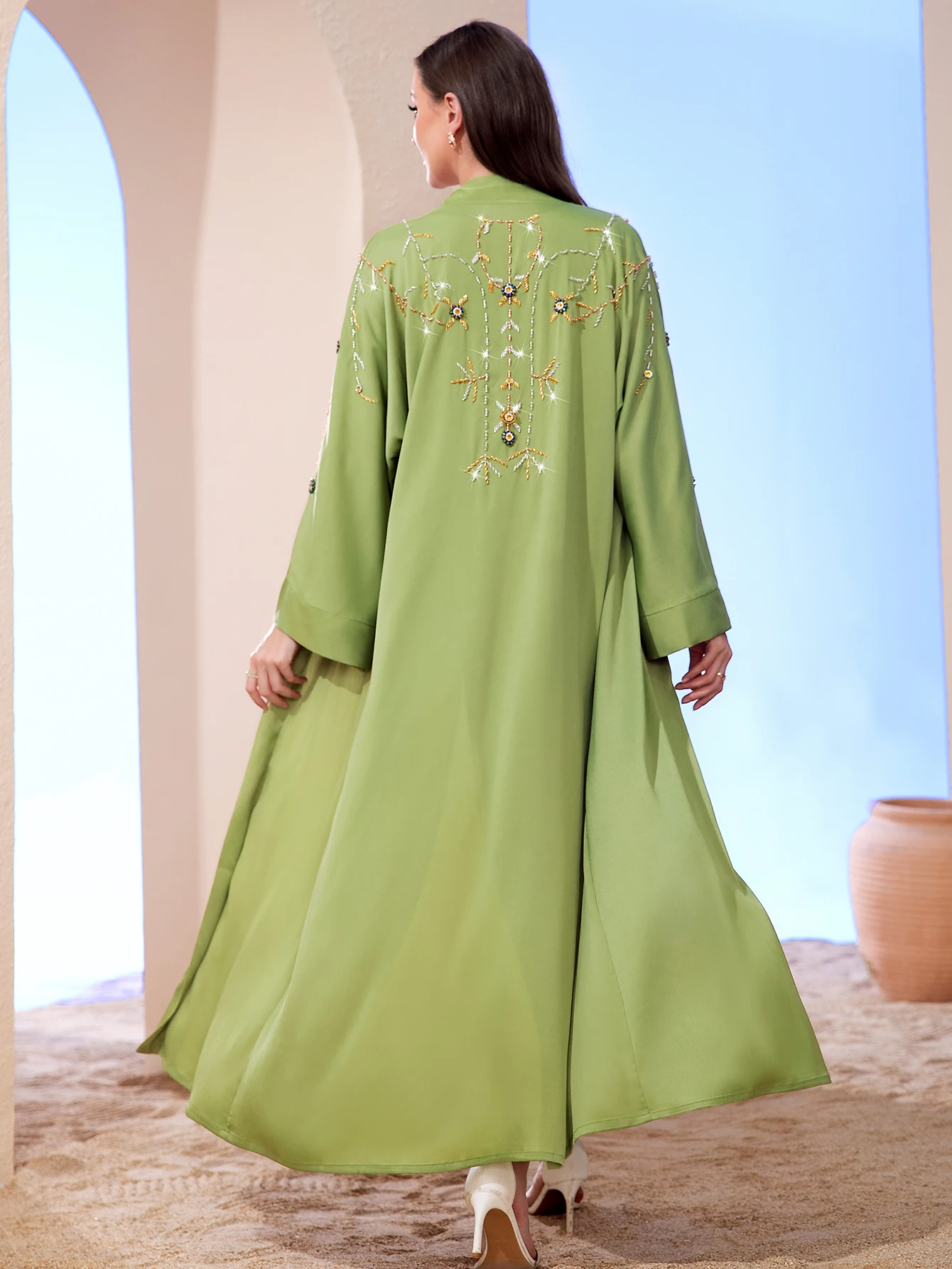 Luxury Middle East Middle Green Muslim Dress for Women Arab Dubai Kimono Abaya Islamic Femme Party Jalabiya Moroccan Kaftan Robe