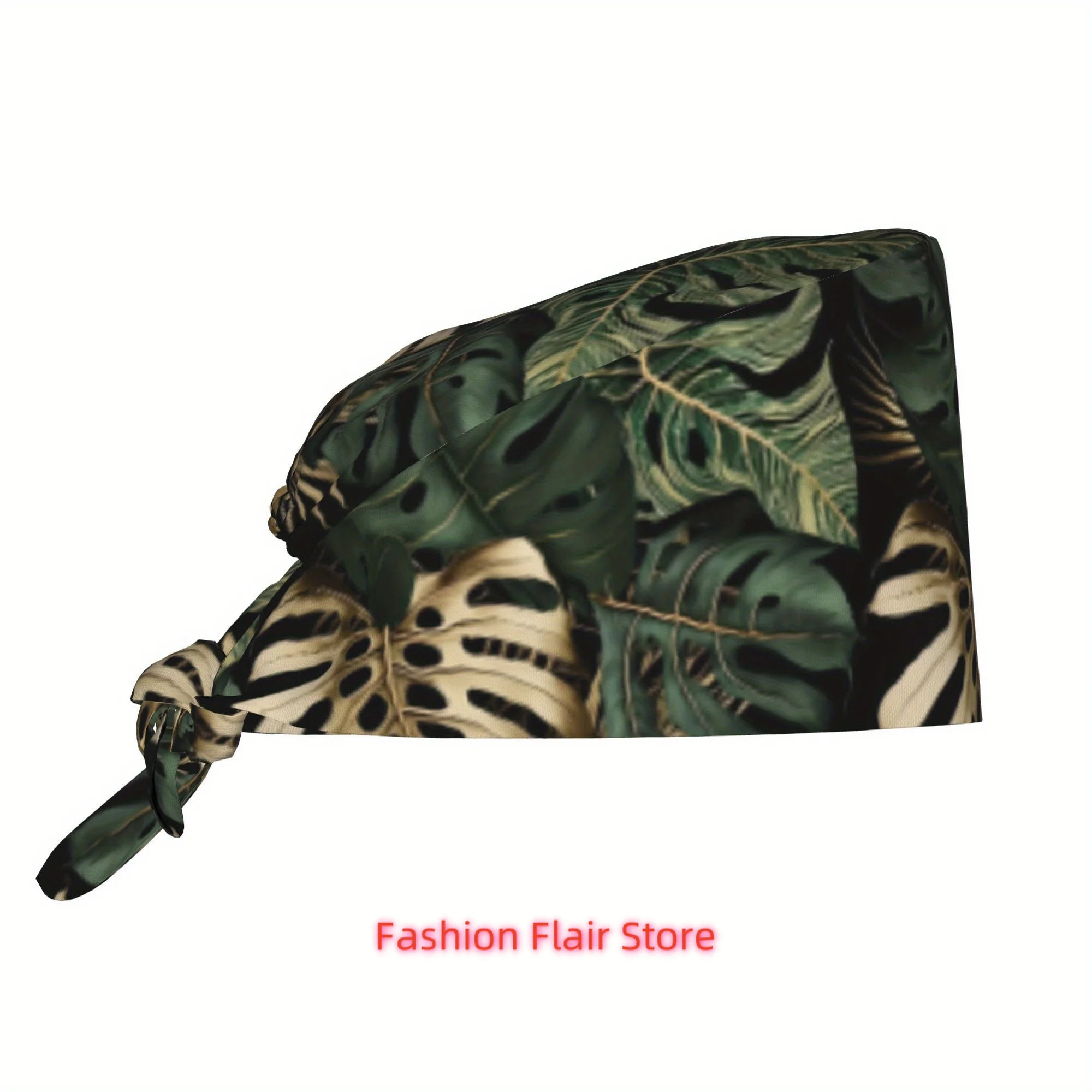 1pc Green and Golden Leaves Unisex Stylish Printed Work Cap - Lightweight Adjustable Skull Cap Tie-Back Nurse Hat, Dustproof Che