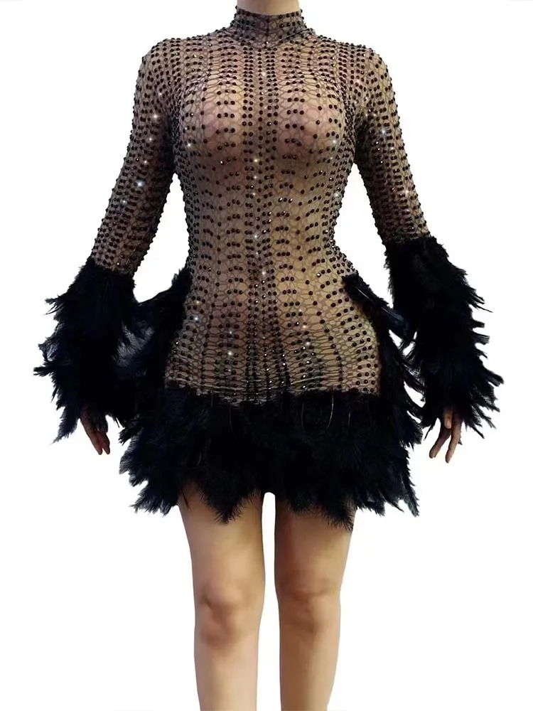 High Quality Rhinestone Feather Splicing Elastic Dress 2024 New Fashion Custom Women'S Clothing