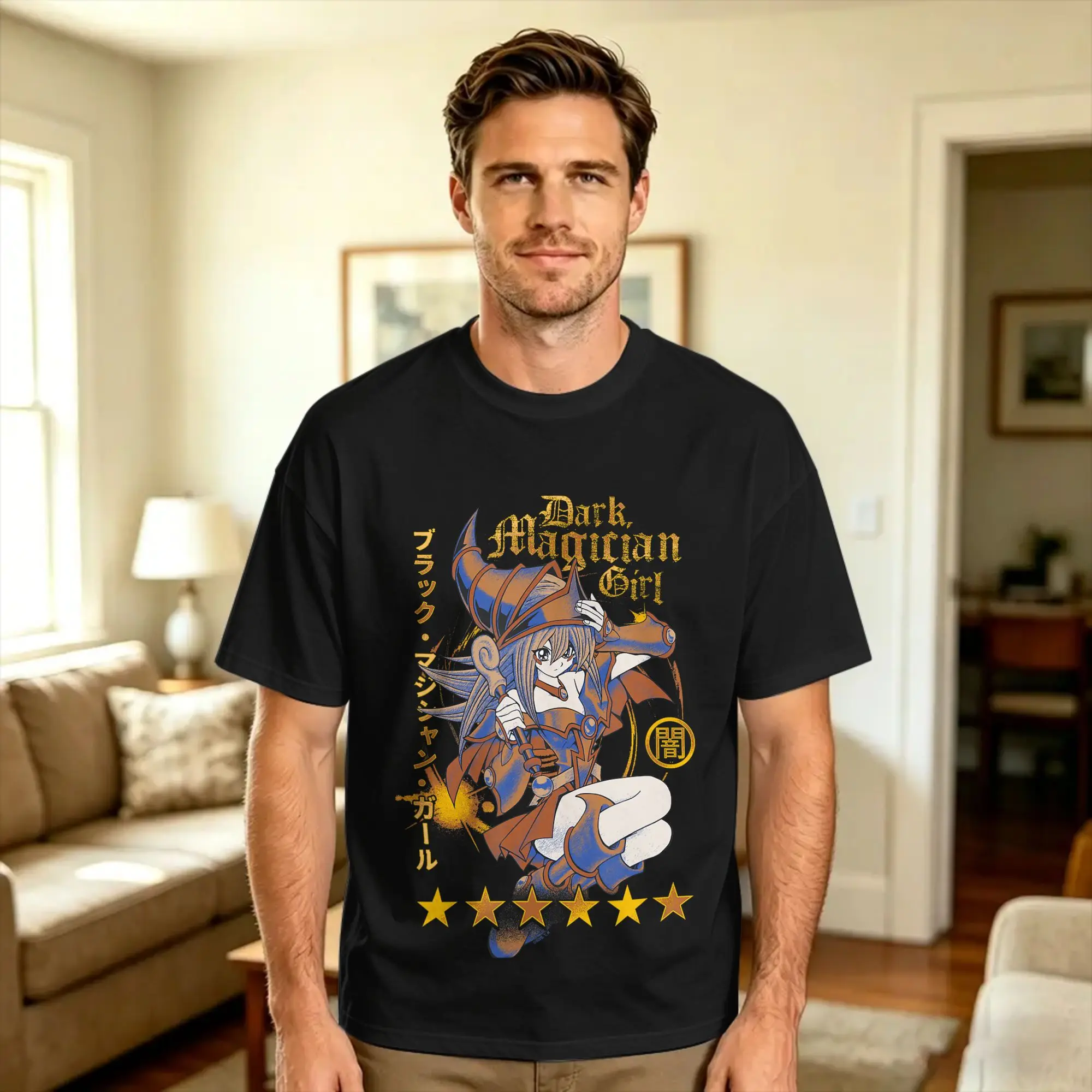 YGO Gold Tone Dark Magician Girl with Stars Card Anime T Shirt Men's  Awesome T Shirts Summer Crew Neck Popular Tees Custom