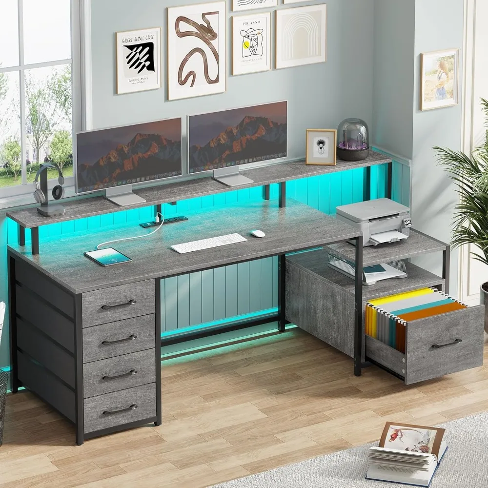 

Home Office Desk with File Drawer & Power Outlet, 66'' Computer Desk with 5 Drawer, Storage Shelves, Printer Cabinet and Monito