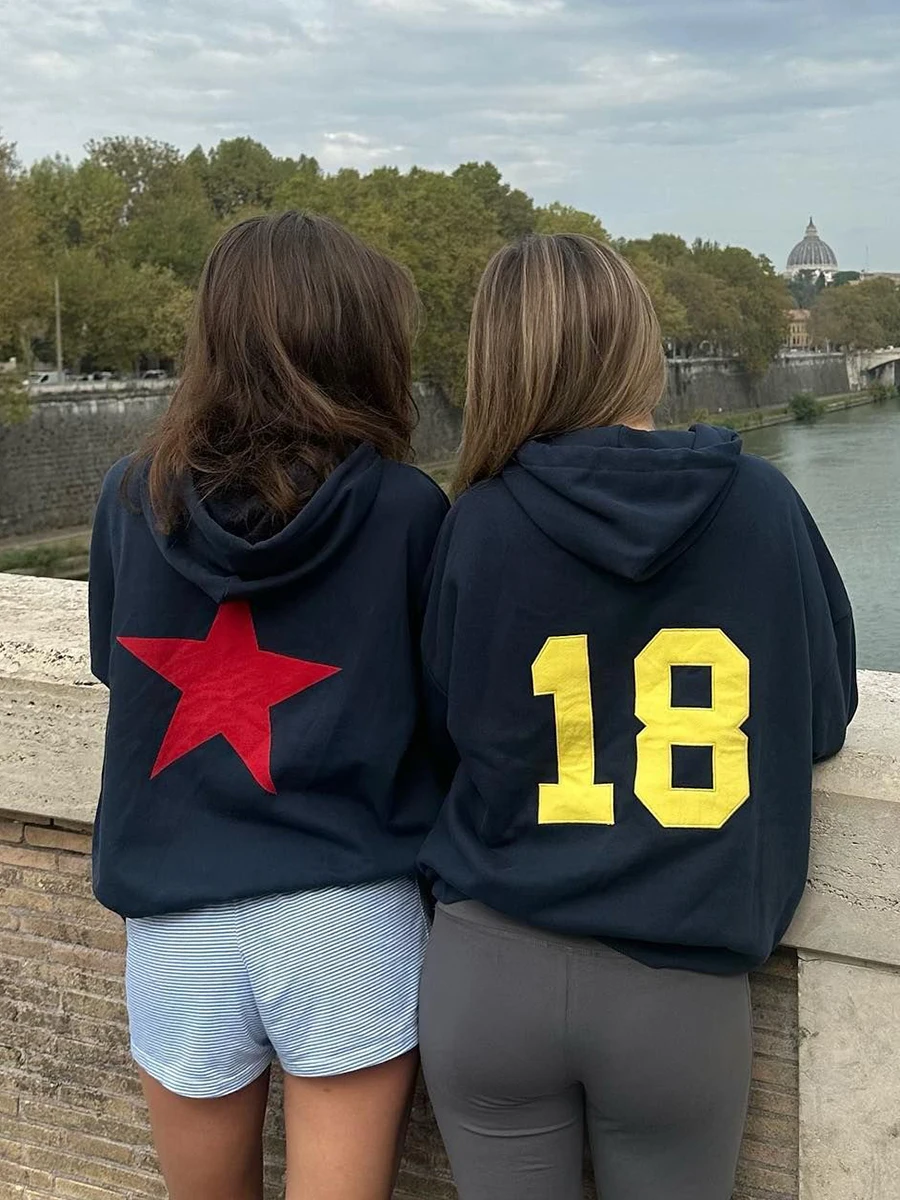 

Star Print Oversized Hoodie Woman Autumn Hooded Long Sleeve Cotton Sweatshirt American Fashion Streetwear Navy Loose Hoodies Y2k