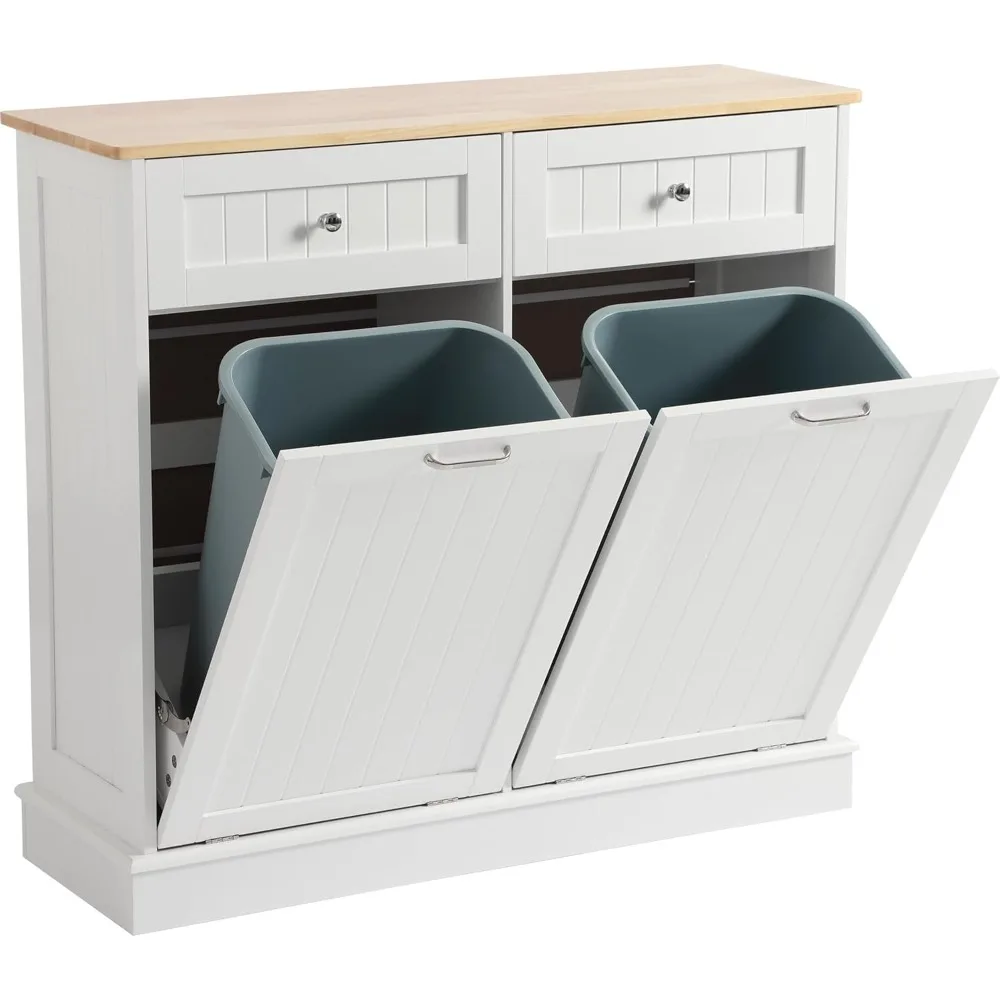 

Tilt Out Trash Can Cabinet Dog Proof with Double Wood Hidden Holder, Kitchen Free Standing Recycling Cabinet（White）