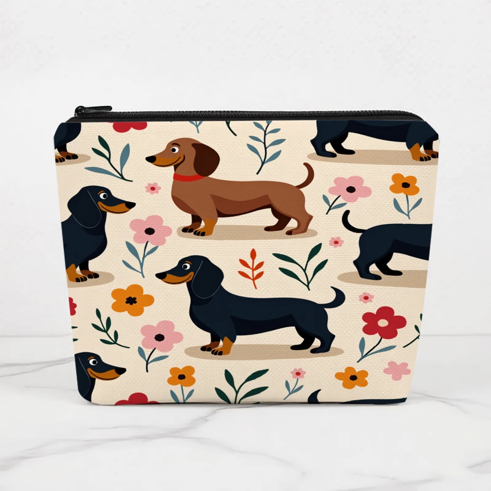 Dachshund Floral Pattern Print Design Makeup Bags for Girls Cosmetic Pouch Toiletry Bag Pencil Case Travel Storage