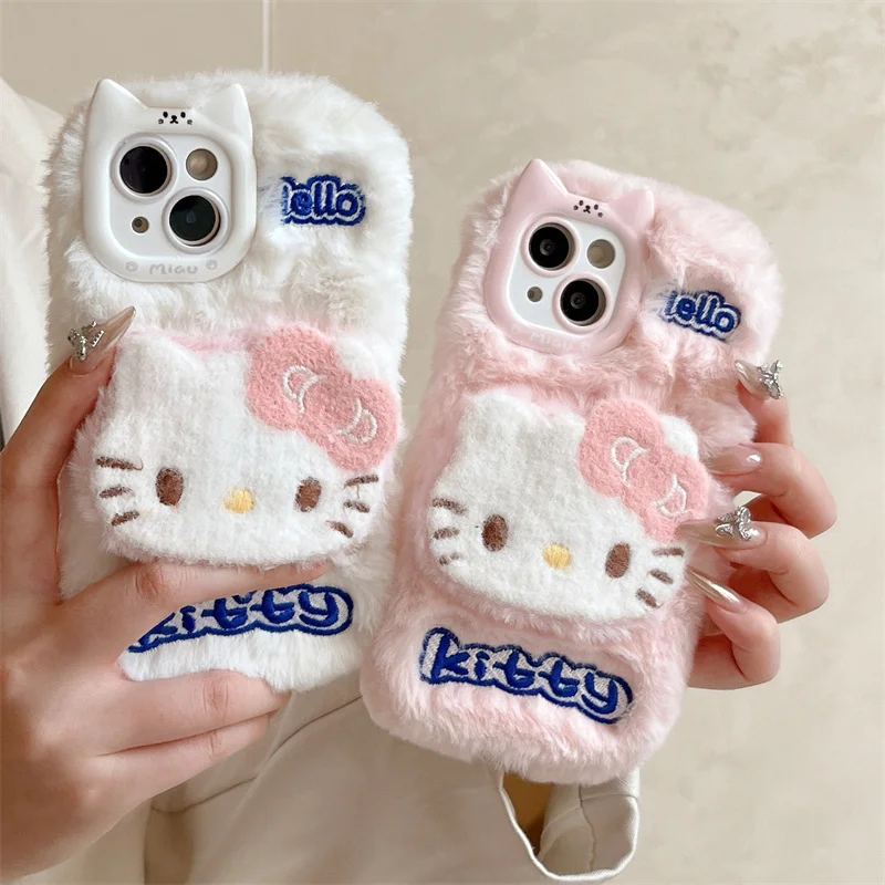 Luksusowy zimowy uroczy Hello Kitty puszysty ocieplacz do rąk KT Pluszowe etui na iPhone'a 13 12 14 15 16 Pro Max Lovely KT Furry Protect Cover