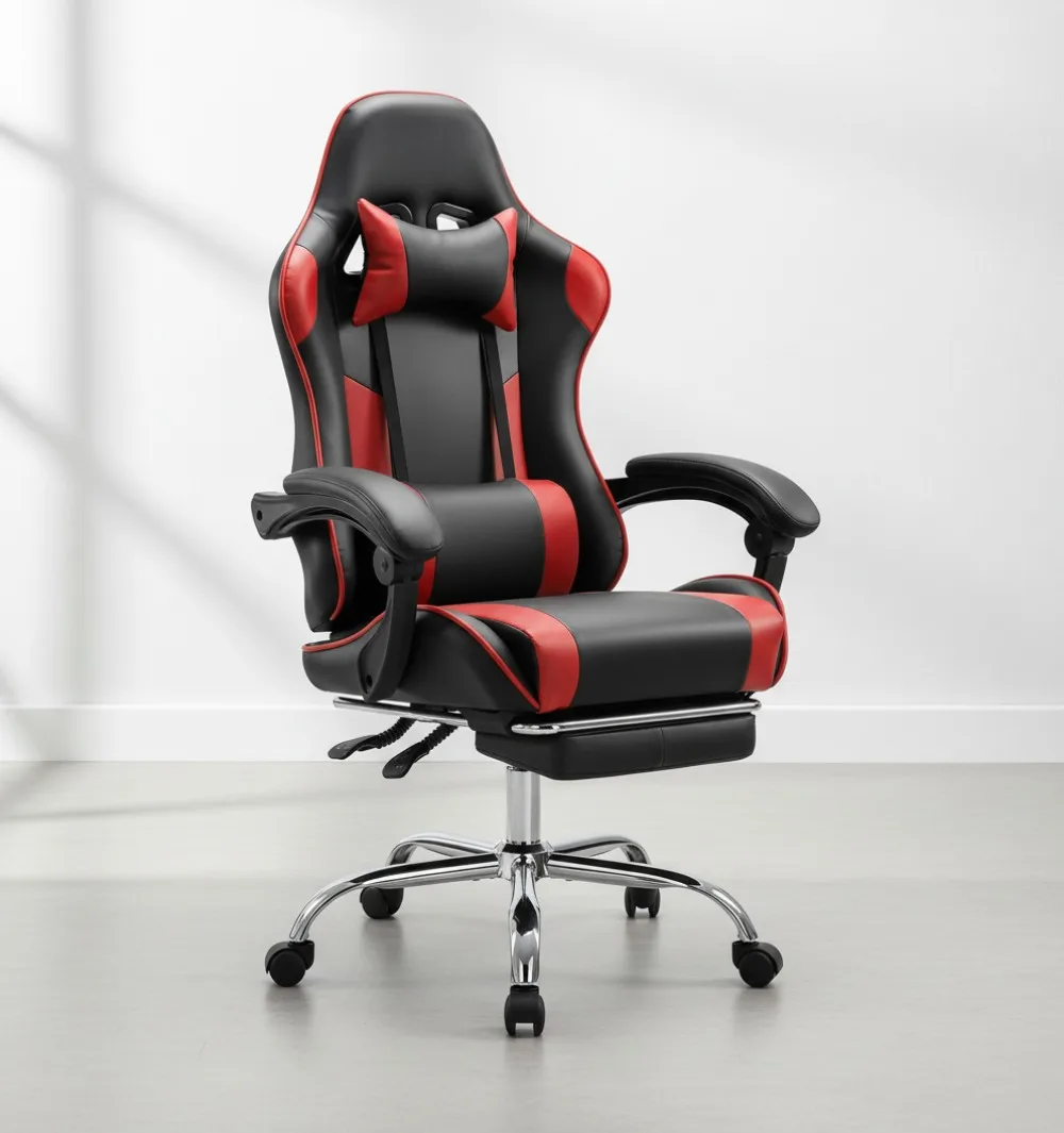 كرسي مكتب ألعاب مريح مع مسند للقدمين ومسند للرأس، كرسي مكتب كمبيوتر قابل للتعديل للبالغين، أسود وأحمر #1