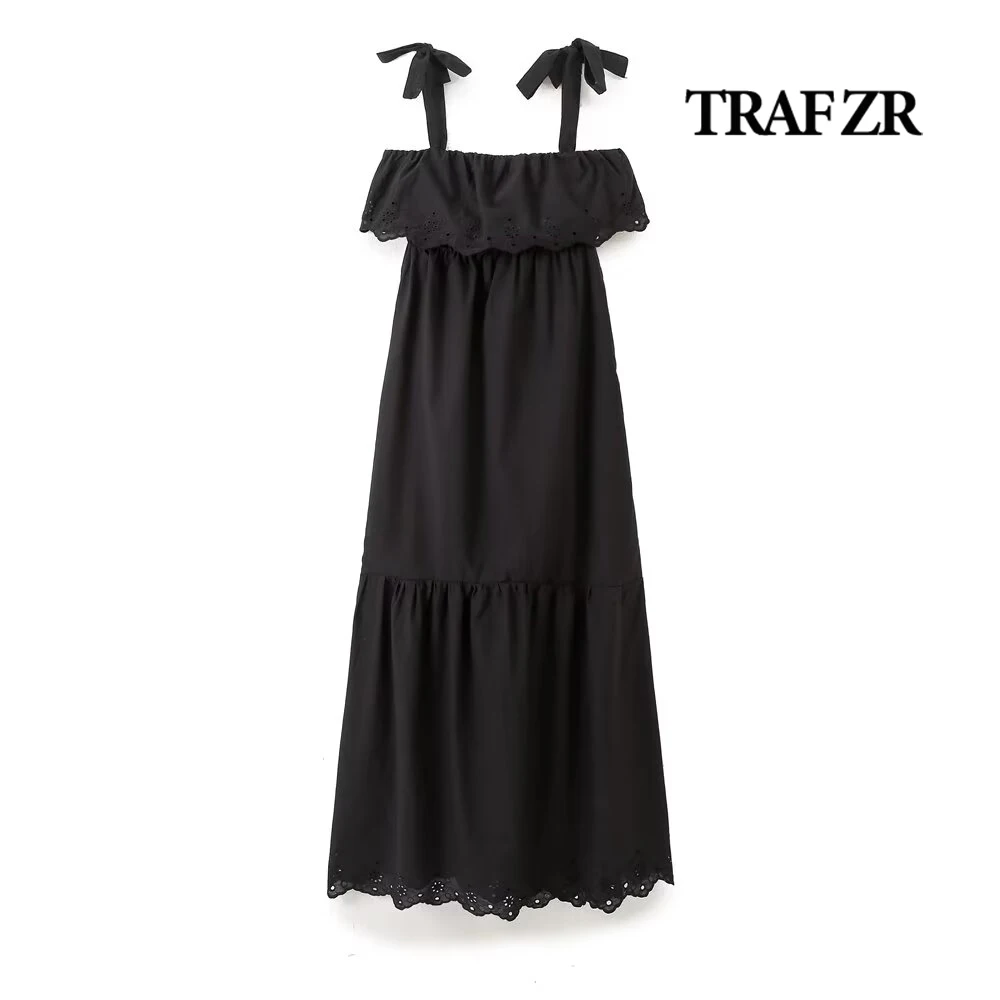 

TRAF ZR Elegant Layered Draped Slip Dress Self Wide Tied Strap Turn-down Collar Embroidery Sleeveless Midi Dresses Scallop Trim