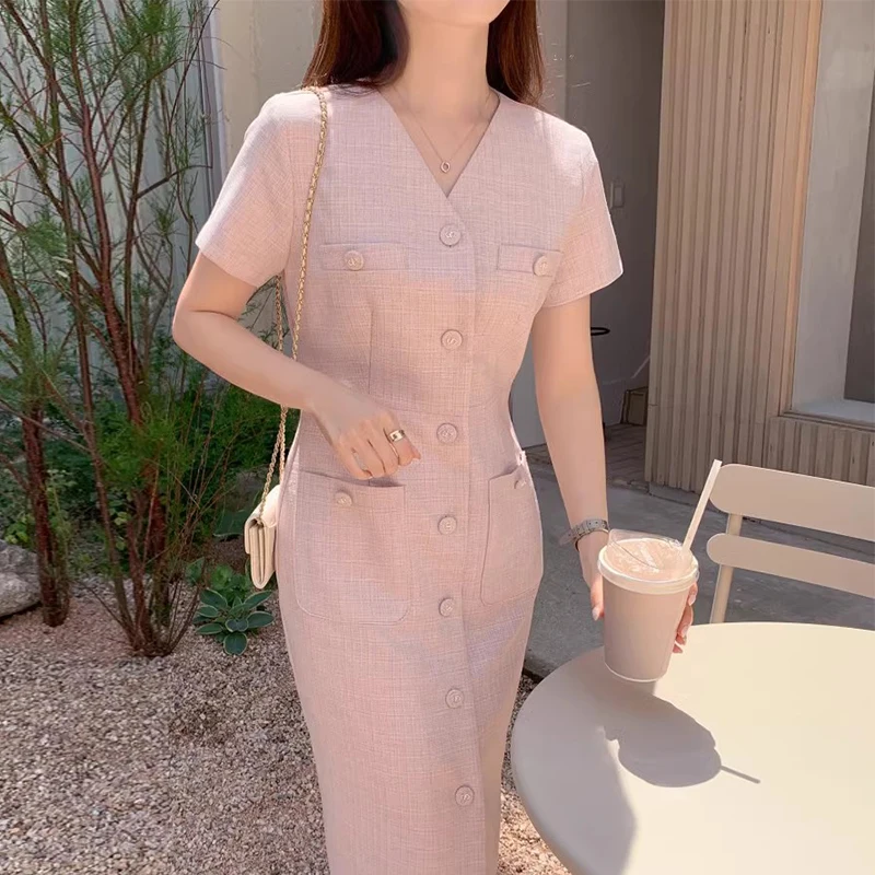 Pink Woolen Dress Women\'s Summer Slim Fit Long Dress with Double Pockets High Waist Design Commute Style Short Sleeve V-Neck