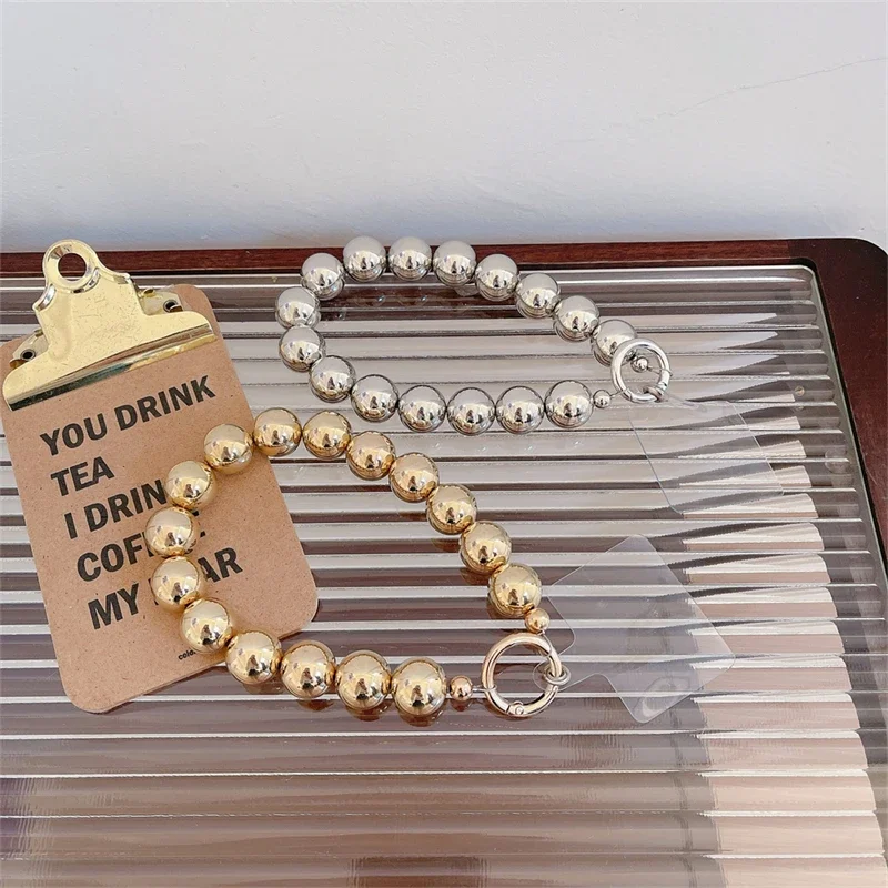 Luxury Plating Beaded Bracelet Phone Chain Acrylic Pendant for IPhone 11 13 Pro Max Woman Gold Anti-Lost Chain Hanging Jewelry