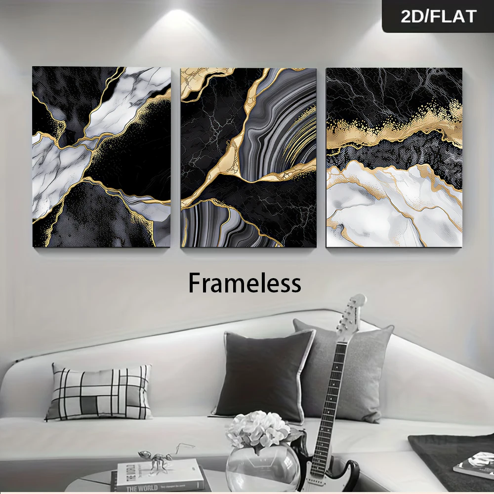 (3PCS Unframe)1 set of modern minimalist black and gold marble-patterned three-panel frameless paintings for home wall decoratio