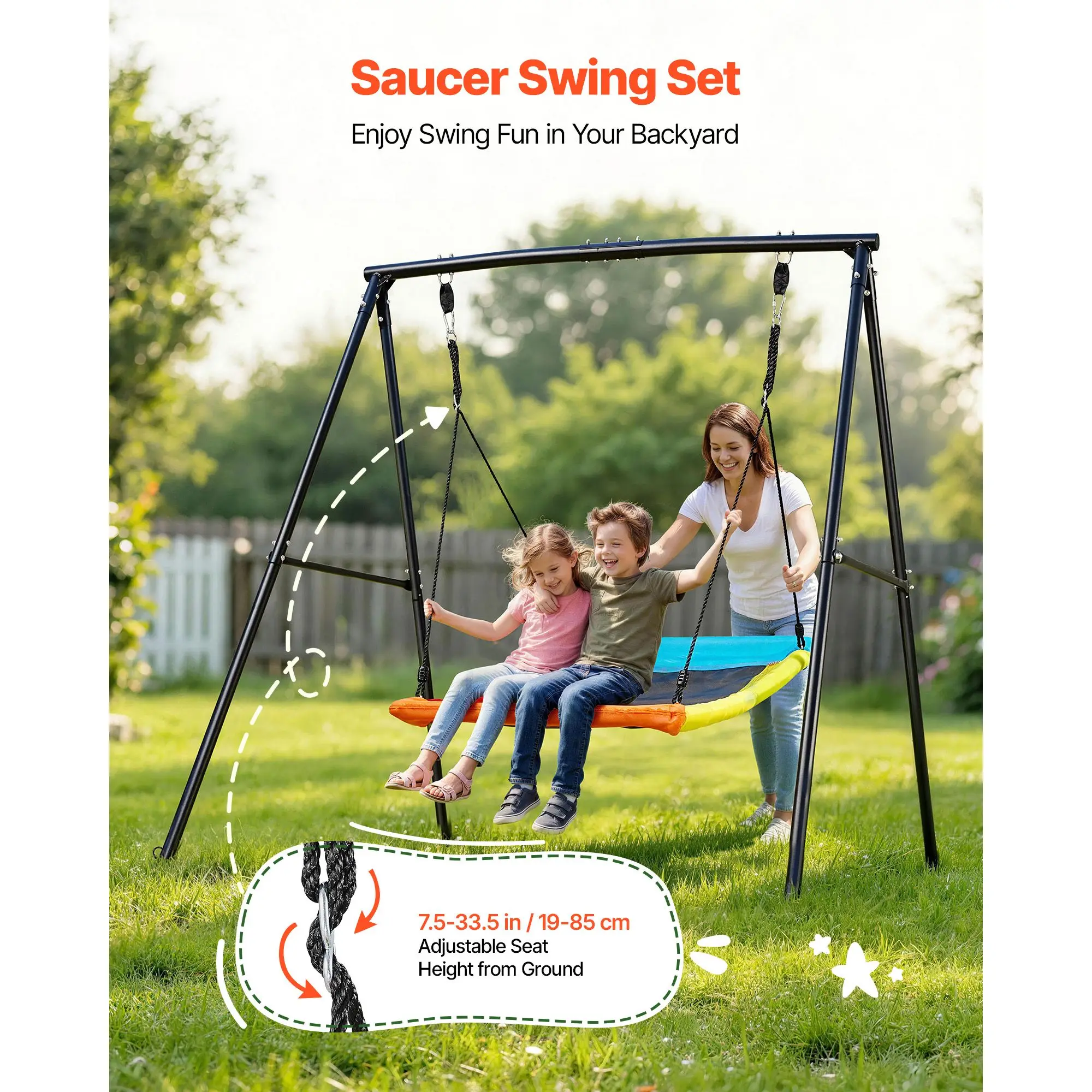 Swing Set for Backyard, 60 x 32 in Swing Seat with Heavy Duty A-Frame Metal Stand, 440 lbs Load Capacity, Reinforced with Spiral