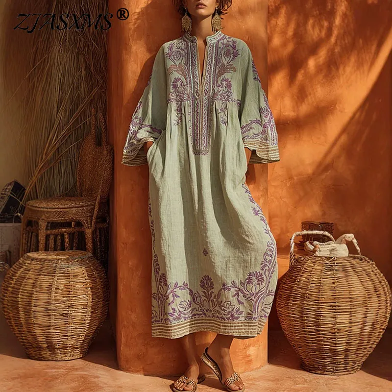 Boho-Print V-Ausschnitt Locker Sitzendes Urlaubs-Maxikleid Damen Frühling Langarm mit Taschen A-Linie Partykleider Lässige Vintage-Kleidung Vestidos