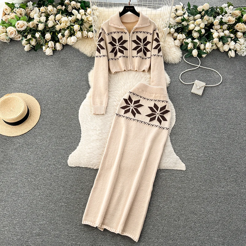 

retro knitted printed set women's loose short zipper pullover top+high waisted hip skirt two-piece set 2025