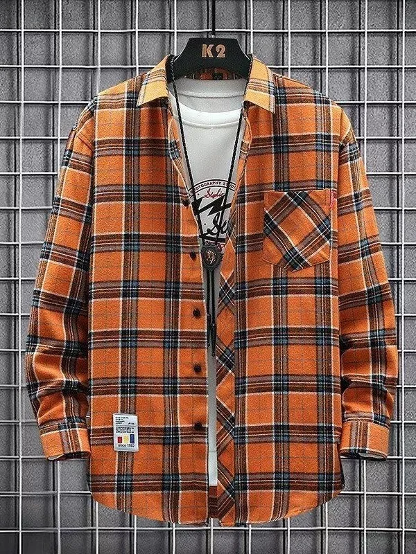 

Retro Workwear Plaid irt Men's Long Sve Casual Loose Base Layer irt Youth Versatile Outerwear Spring Autumn Cotton
