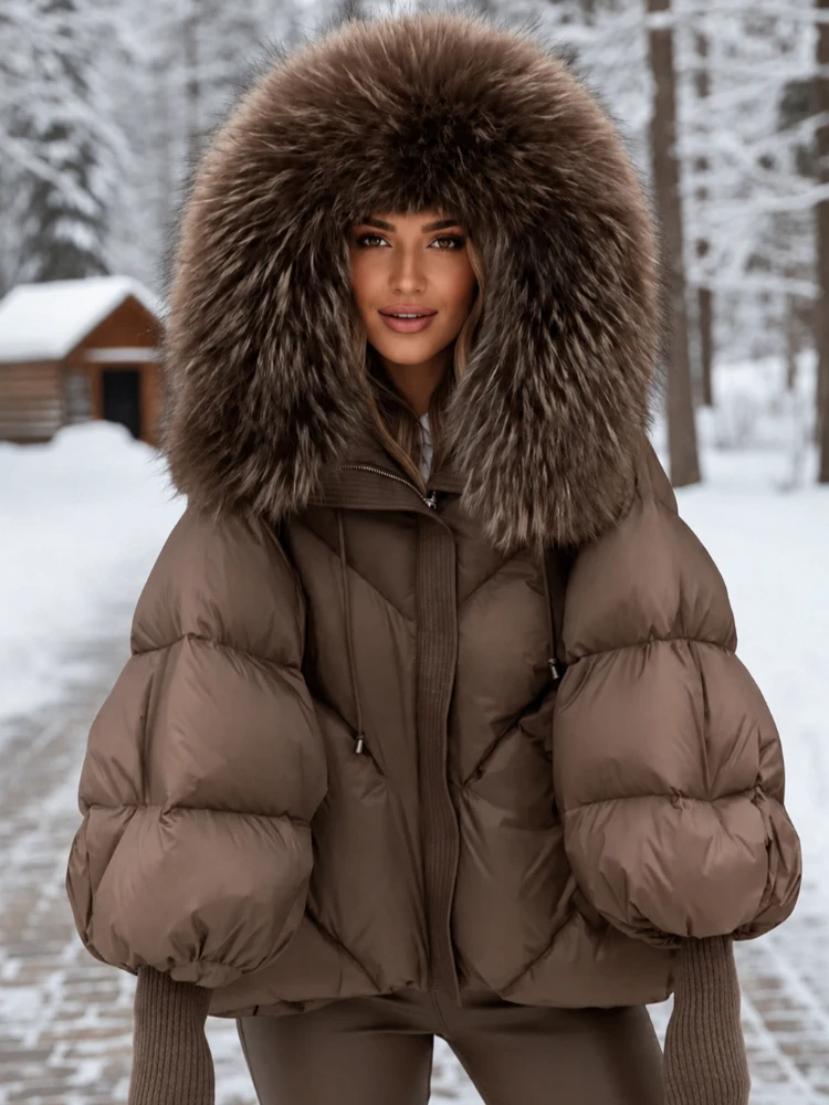Natural Fur Coat New Winter Large Real Fur Hooded Puffer Jacket Women Thicken Warm Knitted Sleeve Coat Duck Down Mid Long Parka