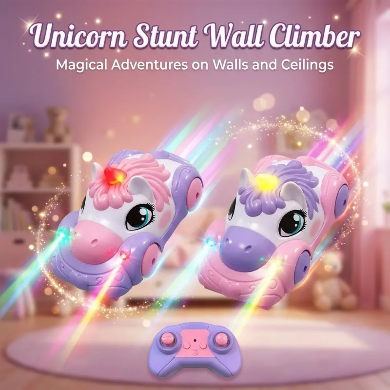 Unicorn 2.4G Remote Control Car Toy with Lighting Feature for Girls Pet Gifts Wall Climbing Car Interactive Play Vehicle