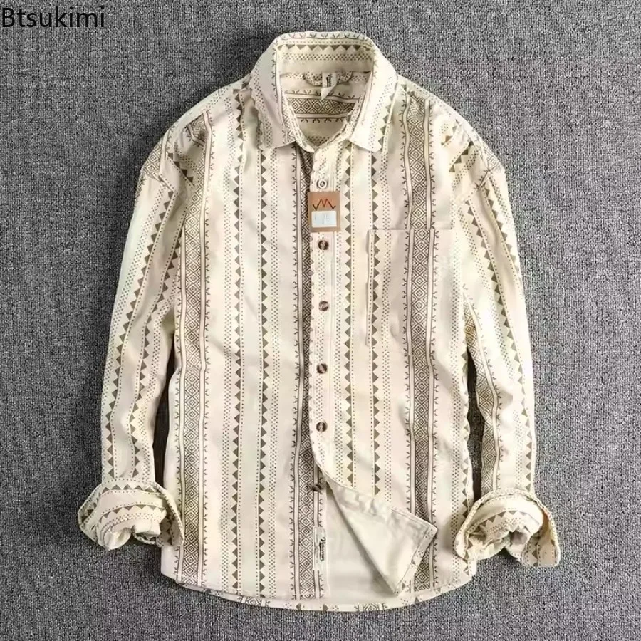 

Spring New Retro Long Sleeve Lapel Navajo Totem Printed Shirt Men's Fashion 100% Cotton Washed Casual Blouses Loose Thin Coat
