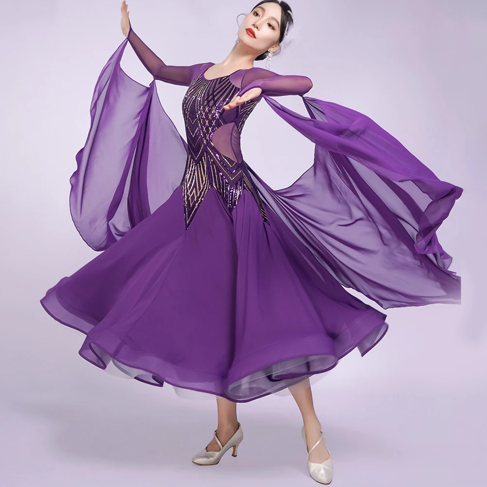 Women Waltz Competition Costume Sequins New Red Party Ballroom Dance Dress Roland Purple Standard Performance Emerald Green