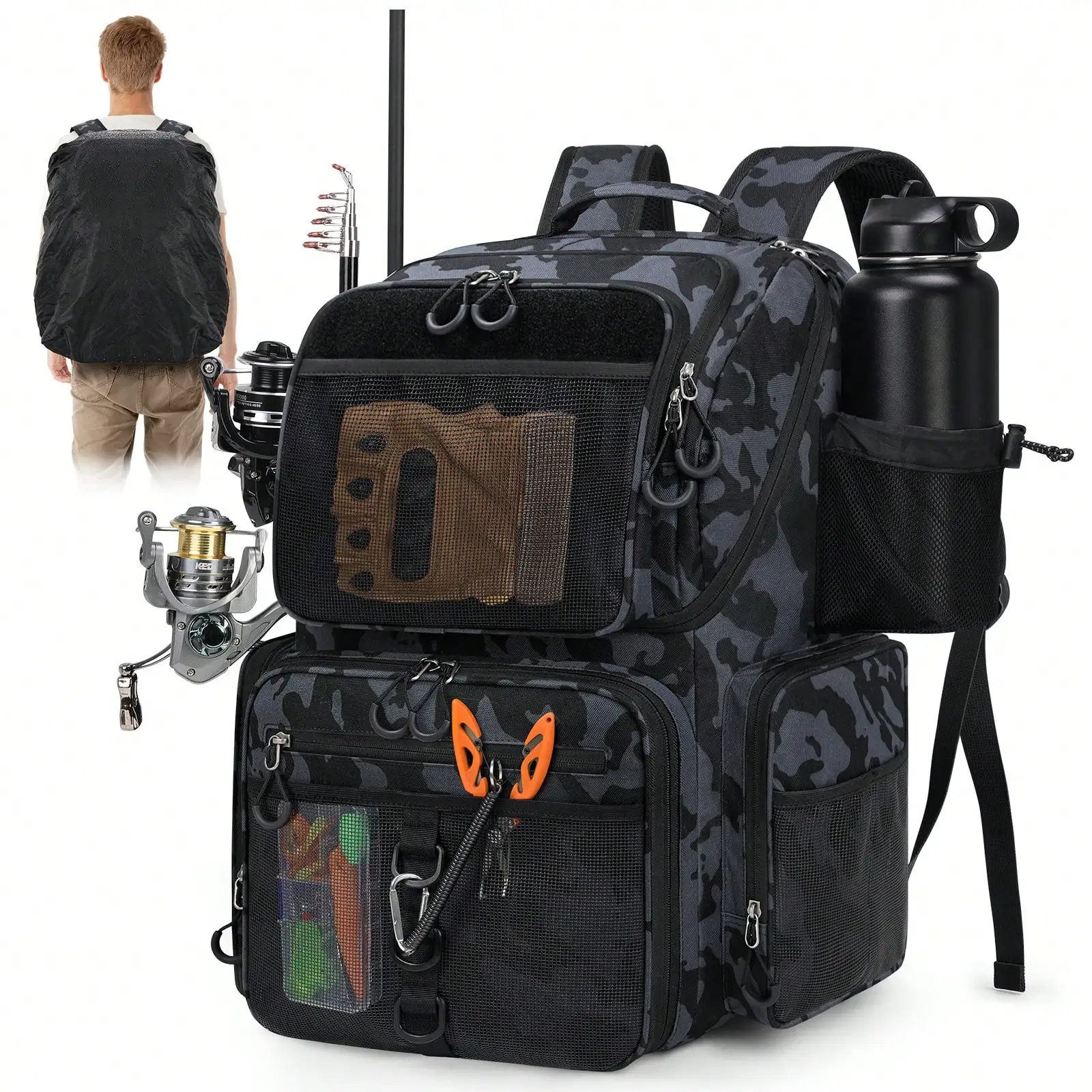 45L Fishing Backpack With Rod Holders & Rain Cover - Large Waterproof Fishing Tackle Bag Heavy Duty Gear Storage For Saltwater Fishing Hiking Camping