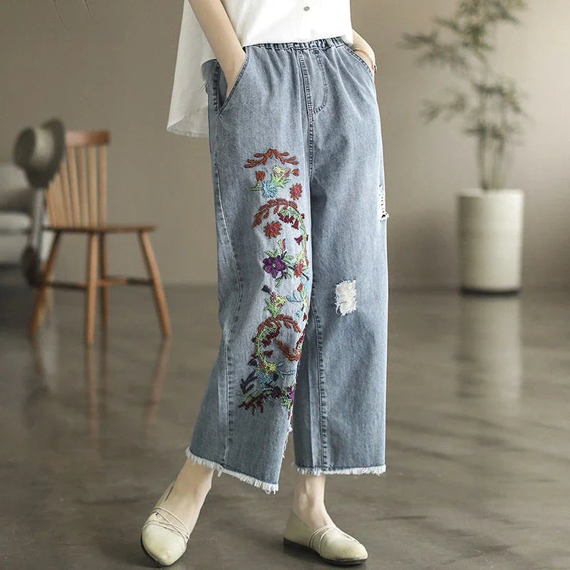 

Autumn Fashion Art Retro Embroidery High Waist Straight Tube Loose Casual Women's Ragged Edge Perforated Jeans J239